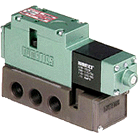 Numatics Mark 25 valves have a plug-in base or manifold, a plug-in solenoid and an optional plug-in sandwich pressure regulator. The unit to base electrical plug permits instant valve unit replacement. Valves are direct solenoid actuated, 5 ported, 4-way, 2 or 3 position.