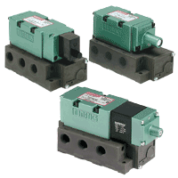 Numatics Mark 55 valves have a plug-in base or manifold, a plug-in solenoid and an optional plug-in speed control sandwich. The unit to base electrical plug permits instant valve unit replacement. Valves are direct solenoid actuated, 5 ported, 4-way, 2 or 3 position.